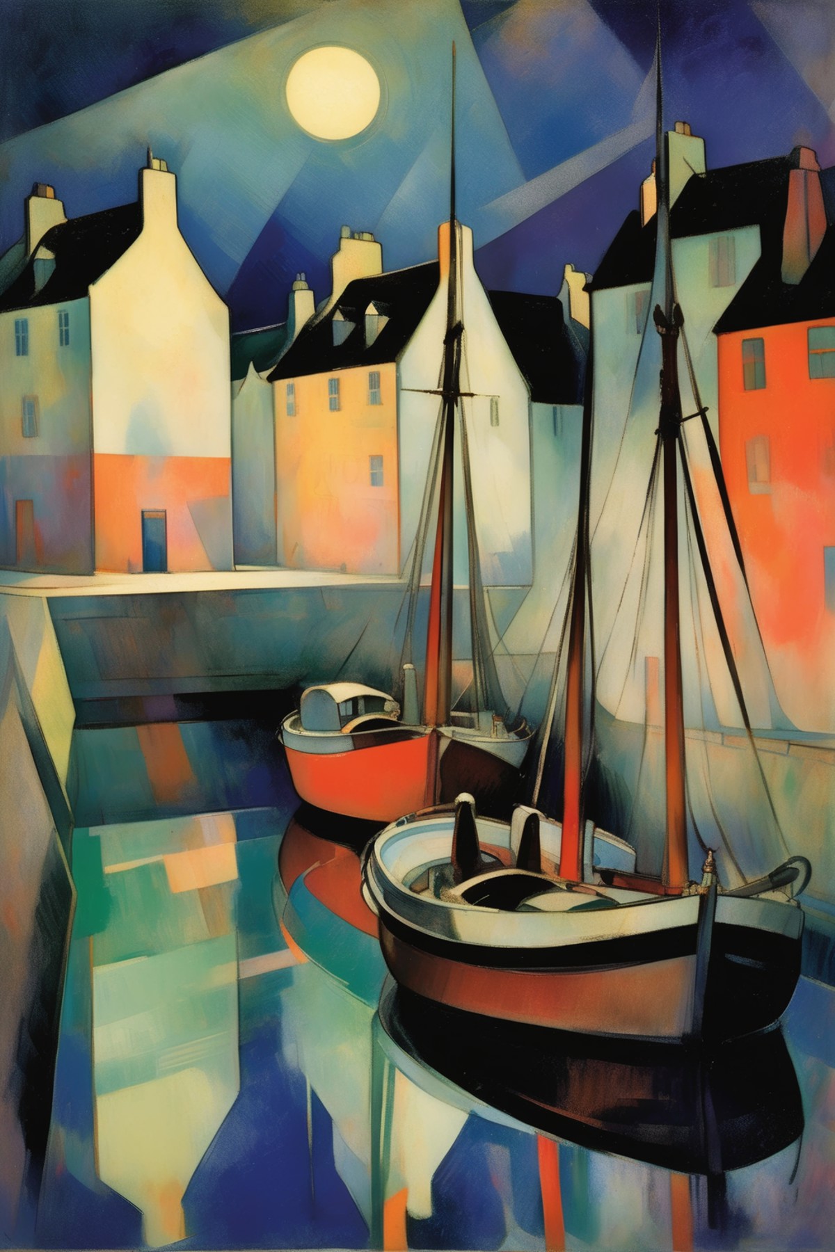 <lora:Lyonel Feininger Style:1>Lyonel Feininger Style - 101935. A painting by Jacques Villon. A painting of Avoch Harbour ...